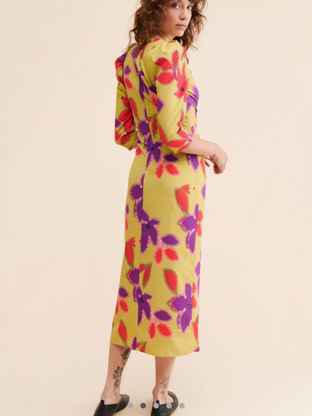 Free People/Nuuly Laagam Lea Yellow Floral Twist-Knot Midi Dress with Side Slit - Picture 2 of 4